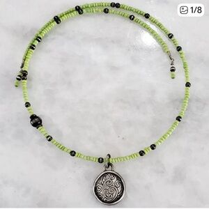 Silpada Artisan Lime and Black Beaded Memory Wire Necklace with Silver Medallion